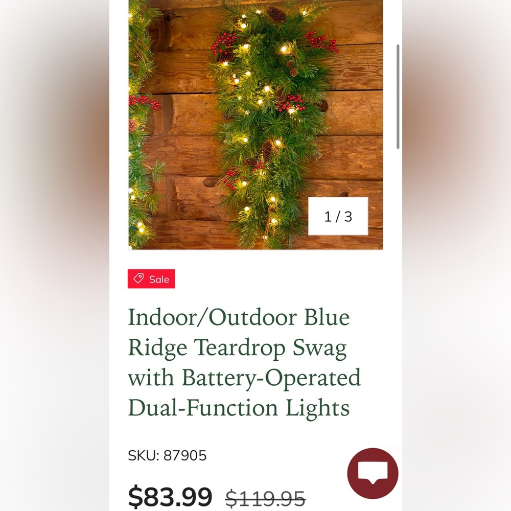Indoor/Outdoor Blue Ridge Teardrop Swag with Battery-Operated Lights